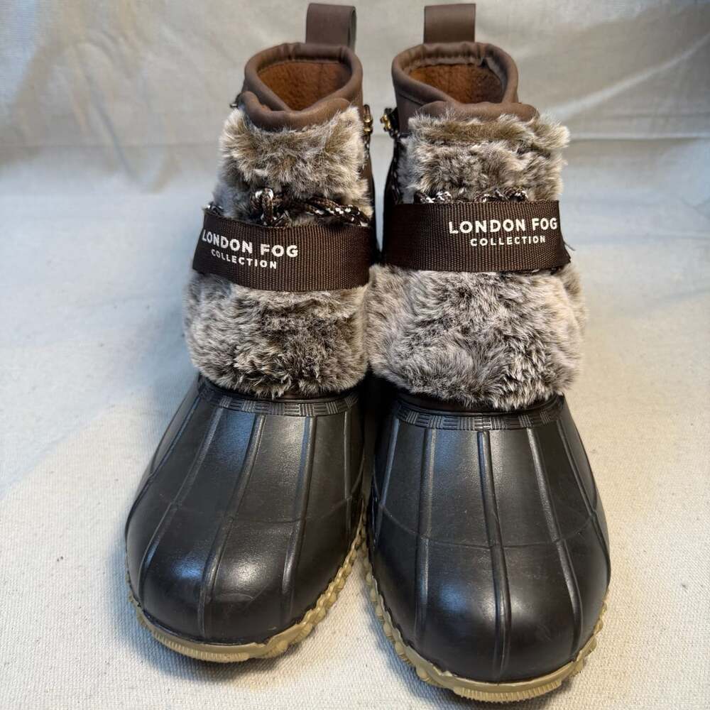 London Fog Whisper Duck Boots Brown Faux Fur Women's Snow Rain Shoes